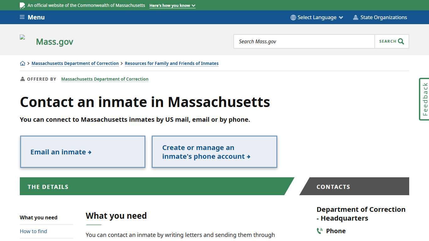 Contact an inmate in Massachusetts | Mass.gov