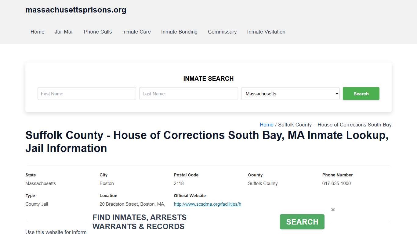 Suffolk County - House of Corrections South Bay, MA - Offender Locator, Contacts, Inmate Info